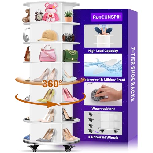 RUNSUNSPRI 7 Tier Rotating Shoe Rack with 4 Universal Wheels - size: 7 Tier (24.4"W x 65"H)