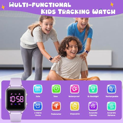 Kids Digital Watches for Boys Girls, Sports Watch with Fitness Tracker, Pedometer, Alarm Clocks, Stopwatch, No App Needed Waterproof Kids Watch, Gift for Teens Student Girls Boys Ages 5-14 - color: L6615E-Purple