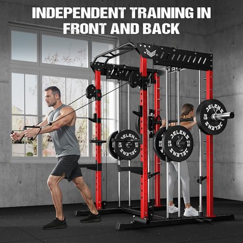 JELENS M21 Smith Machine, Multi-Function Power Cage with Dual Pulley Cable Crossover System, 2000LBS All-in-One Squat Rack with Smith Bar and Attachments - color: Red, size: M21 Smith Machine