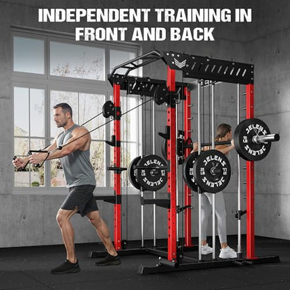 JELENS M21 Smith Machine, Multi-Function Power Cage with Dual Pulley Cable Crossover System, 2000LBS All-in-One Squat Rack with Smith Bar and Attachments - color: Red, size: M21 Smith Machine