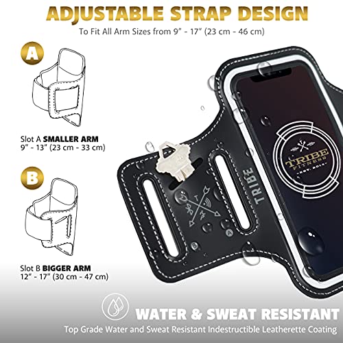 TRIBE Water Resistant Cell Phone Armband Case Running Holder for iPhone Pro Max Plus Mini SE (13/12/11/X/XS/XR/8/7/6/5) Galaxy S Ultra Plus Edge Note (21/20/10/9/8/7/6/5) Adjustable Strap & Key Pocket - color: Black/Grey, size: S: iPhone Mini/8/7/6/5/4/3/