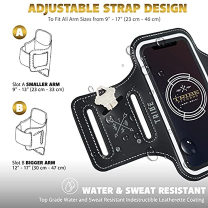 TRIBE Water Resistant Cell Phone Armband Case Running Holder for iPhone Pro Max Plus Mini SE (13/12/11/X/XS/XR/8/7/6/5) Galaxy S Ultra Plus Edge Note (21/20/10/9/8/7/6/5) Adjustable Strap & Key Pocket - color: Black/Grey, size: S: iPhone Mini/8/7/6/5/4/3/