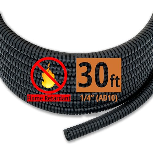 30ft - 1/4 inch (AD10) Flame Retardant Split Wire Loom Tubing - Sleeves for Electric Cables, Flexible Wire Covers Cord Protectors - Black - size: 30ft - 1/4inch