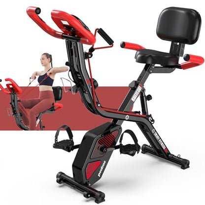 pooboo Folding Magnetic X‑Bike, Upright Exercise Bike for Home Gym - color: Black & Scarlet