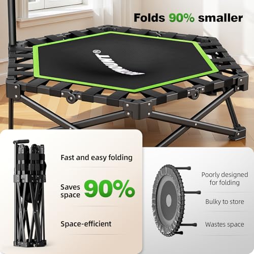 EAST MOUNT 42" Foldable Mini Trampoline for Adults, Quiet Fitness Rebounder with Adjustable Handle, No-Assembly Indoor Exercise Trampoline, 450LBS Capacity - color: Green