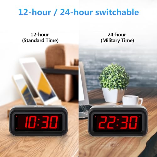 Digital Alarm Clock Battery Operated with LED Display for Bedrooms, Long Battery Life for 12 Months, 3 Brightness Adjustable, 12/24 Hour, Snooze, Black Case with Red Digits - color: Black-red