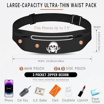 Music Skull Running Belts for Men Runner Waist fanny pack Wallet Holder - color: Music Skull