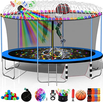10 12 14 16ft Trampoline with Sprinkler, Lights, Water Ball, Socks, 1500LBS Outdoor Trampoline for Kids and Adults, ASTM Approved, Recreational Trampolines with Basketball Hoop, Enclosure Net - color: Blue 16FT S+