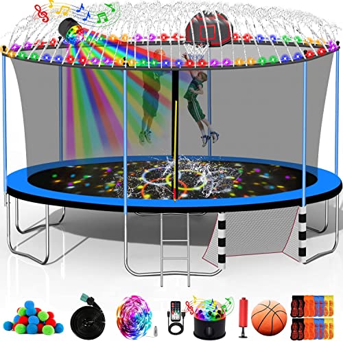 12FT 14FT 15FT 16FT Trampoline for Kids Adults, 1500 LBS Outdoor Trampolines with Basketball Hoop, Lights, Sprinkler, Enclosure, Ladder, Recreational Bounce Backyard Jumping for Kids Teens - color: Blue with Lights/Speaker/Sprinkler, style: 16ft