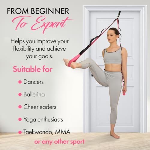 10-Loop Yoga Strap with Door Anchor for Stretching & Flexibility - color: Pink