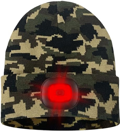 ATNKE LED Lighted Beanie Hat,USB Rechargeable 8 LED Red Glow Flashing Alarm Running Headlamp Cap Gifts for Men and Women - color: #Camouflage Green