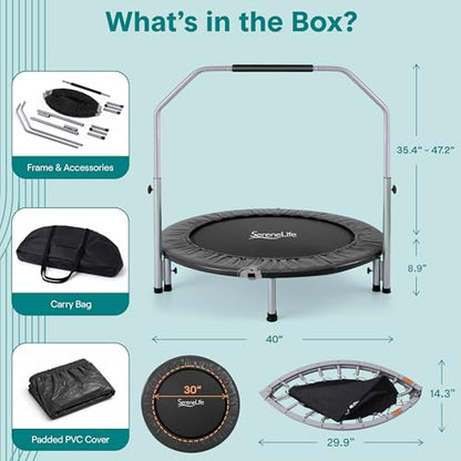 SereneLife 40" Foldable Mini Trampoline for Adults - Compact Fitness Rebounder with Adjustable Foam Handle, Exercise Trampoline with Max Load 330lbs, Indoor/Garden Whole-Body Workout - color: Black