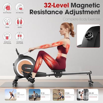 Wenoker Rowing Machine for Home, Magnetic Rower Machine, 350 LB Weight Capacity, 16-Level Silent Resistance Row Machine for Gym Exercise - color: Natural Wood