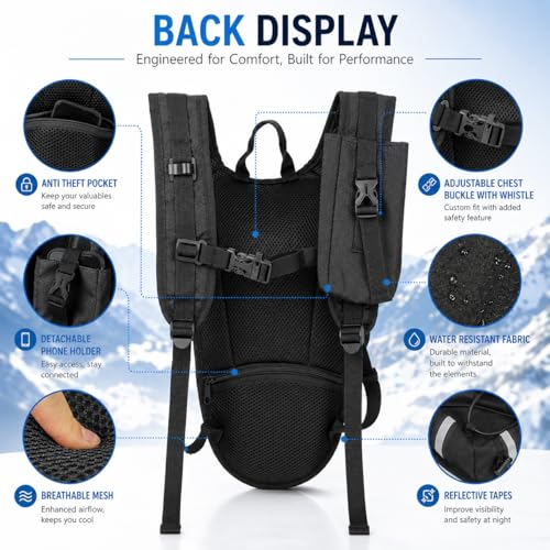 Lightweight Hydration Backpack 2L Water Bladder Pack for Running, Cycling, Hiking – Anti-Theft Water Backpack with Phone Holder, Trekking Pole Holder & Reflective Strips for Men & Women - color: Black