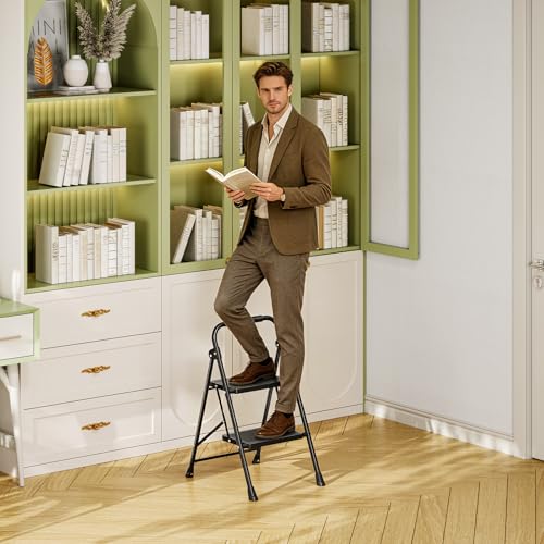 KINGRACK 2 Step Ladder Folding Step Stool with Handrail for Kitchen Black - size: 2-step