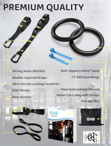 GHB Gymnastic Rings Gym Rings 1.1" Olympic Rings Adjustable Straps Pull Up Rings Sets for Workout Bodyweight Fitness Training