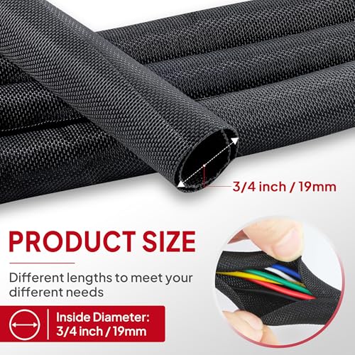Black Split Braided Cable Management Sleeves 3/4inch -20Feet - size: 3/4"-20eet