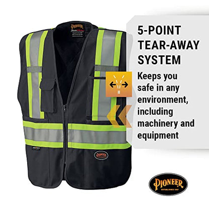 Pioneer Hi Vis Tear-Away Mesh Back Safety Vest for Men - Reflective Tape, 4 Pockets - Construction, Traffic, Security - Black - color: Black, size: X-Large
