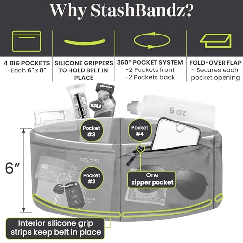 StashBandz Running Belt, Fanny Pack, & Money Belt, 4-Pocket Phone Holder - color: Neon Green, size: Large