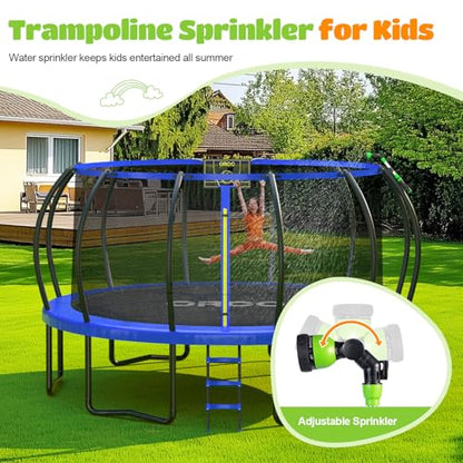 ORCC 1300LBS Weight Capacity Trampoline 16 15 12FT with Basketball Hoop Water Sprinkler Spiral Ground Stakes Outdoor Yard Trampolines for Kids Adults - size: 16FT