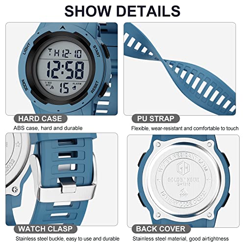 GOLDEN HOUR Mens Waterproof Digital Sport Watches Wide Screen Easy Read Display Military Style with Rubber Strap - color: blue