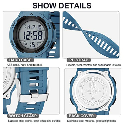GOLDEN HOUR Mens Waterproof Digital Sport Watches Wide Screen Easy Read Display Military Style with Rubber Strap - color: blue