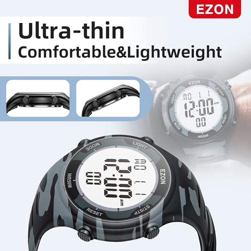 EZON Digital Watch with Stopwatch Countdown Timer Alarm EL Backlight,Ultra-Thin Large Display 5ATM Waterproof Digital Wrist Watches for Men Women - color: Camouflage Blue