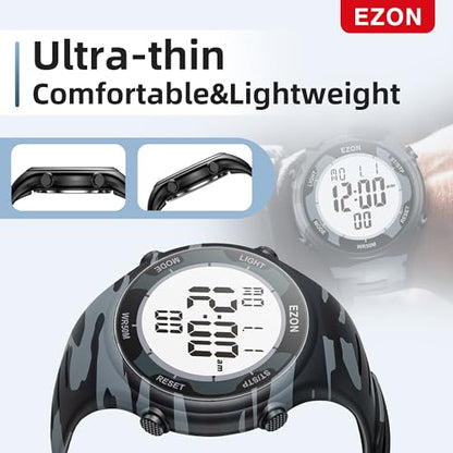 EZON Digital Watch with Stopwatch Countdown Timer Alarm EL Backlight,Ultra-Thin Large Display 5ATM Waterproof Digital Wrist Watches for Men Women - color: Camouflage Blue