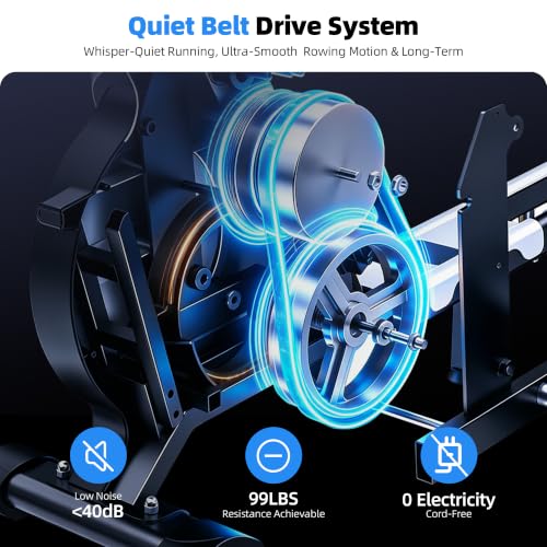 RAMXE Rowing Machine for Home，Magnetic Rowing Machine with 16 Levels，Rower Machine of Quiet Resistance，Foldable Exercise Equipment，Dual Slide Rail with Max 350lbs Weight Capacity，App Compatible
