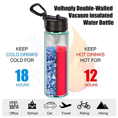 Volhoply Insulated Water Bottles with Straw Bulk 2 Pack, 22 oz Stainless Steel Sports Bottle with Handle Lid, Reusable Double Walled Vacuum Metal Travel Cold Water Cups with Wide Mouth (Mint,2 Set) - color: Mint