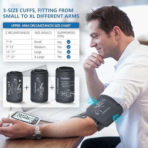 Blood Pressure Machine Upper Arm, 3 Size Cuffs, Small 7"-9", Medium/Large 9"-17" and Extra Large XL Cuff 13"-21", Accurate Automatic Digital BP Cuff Home Use, Large Backlit BP Monitor 3-User 1500 Mem - size: Small, Medium/Large & XL Sizes