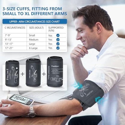 Blood Pressure Machine Upper Arm, 3 Size Cuffs, Small 7"-9", Medium/Large 9"-17" and Extra Large XL Cuff 13"-21", Accurate Automatic Digital BP Cuff Home Use, Large Backlit BP Monitor 3-User 1500 Mem - size: Small, Medium/Large & XL Sizes