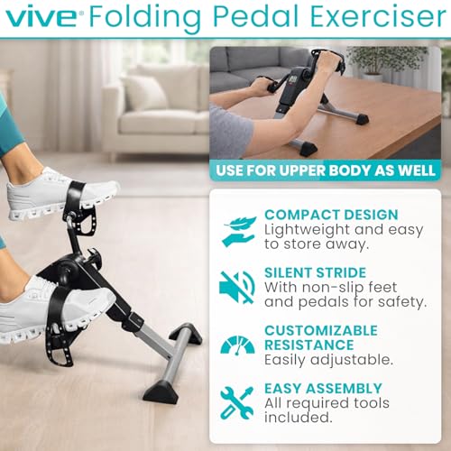 Vive Folding Pedal Exerciser - Under Desk Exercise Bike for Seniors, Elderly - Sit Down Stationary Peddler Equipment for Arm, Leg, Hand, Foot - Mini Floor Bicycle with LCD Display, Adjustable Tension