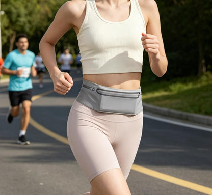 Reflective Waterproof Running Waist Belt Fanny Pack, Slim Invisible 3 Pocket Adjustable Phone Holder Bag, Outdoor Jogging Hiking Sports Waist Pack for Men Women Grey