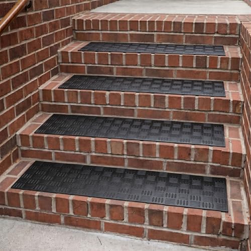Ottomanson Outdoor Rubber Stair Treads – Ribbed Heavy-Duty Non-Slip Stair Mats – Best Grip on Concrete, Brick & Textured Step – Fastening Recommended for Wooden & RV Steps, Pack of 5 - color: Black Ribbed Squares