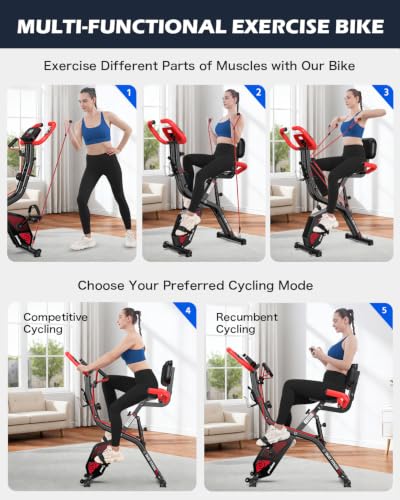 pooboo Folding Magnetic X‑Bike, Upright Exercise Bike for Home Gym - color: Flame Red