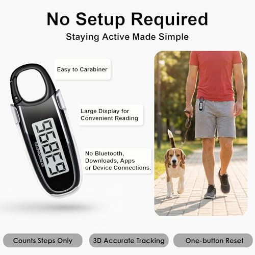 3D Pedometer for Walking, Simple Step Counter with Clip & Carabiner - color: black