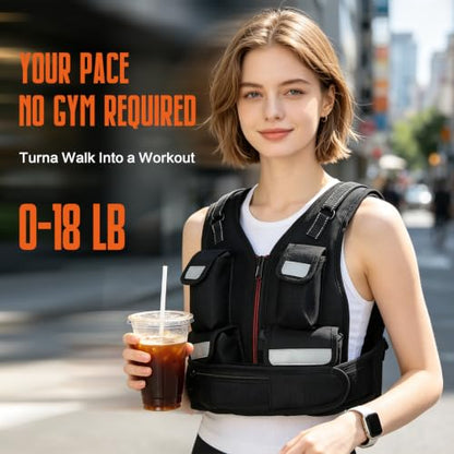 KRYLIX Adjustable Weighted Vest 0-18lbs Wide Range Adjustment Adjustable Shoulder Straps 12 Removable Iron Sand Bags Storage Pocket Reflective Strips for Running Walking Workout Training Washable for Women Woman