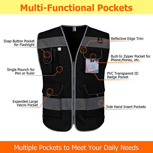 TCCFCCT Safety Vest 9 Pockets High Visibility Reflective Vest, Black 3XL - color: Black Fabric-bison 001, size: 3X-Large