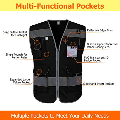 TCCFCCT Safety Vest 9 Pockets High Visibility Reflective Vest, Black 3XL - color: Black Fabric-bison 001, size: 3X-Large