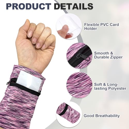 Wrist Pouch, Wrist Wallet Wristband with PVC Card Pouch Zipper Wristband Sports Sweatbands for Men and Women - color: Black and Gray Stripes/Purple Stripes