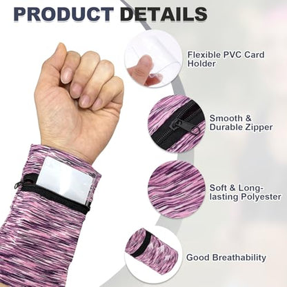 Wrist Pouch, Wrist Wallet Wristband with PVC Card Pouch Zipper Wristband Sports Sweatbands for Men and Women - color: Black and Gray Stripes/Purple Stripes