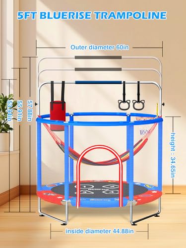 BLUERISE 60" Indoor&Outdoor with Enclosure 5FT Trampoline for Kids Gifts - color: Red / Blue - 6-in-1