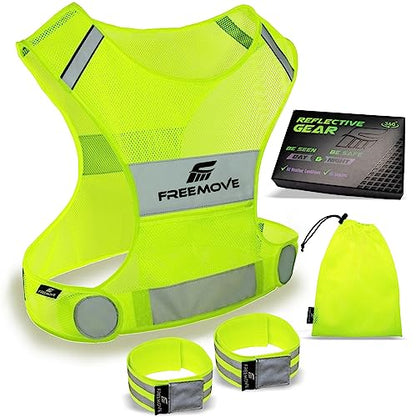 FREEMOVE Reflective Vest - Running Gear + 2 Bands & Bag/Ultralight & Comfy Safety Vests for Running, Walking, Cycling - size: Large