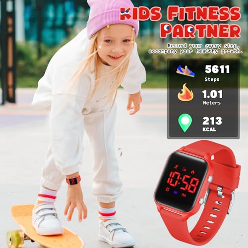 Kids Digital Watches for Boys Girls, Sports Watch with Fitness Tracker, Pedometer, Alarm Clocks, Stopwatch, No App Needed Waterproof Kids Watch, Gift for Teens Student Girls Boys Ages 5-14 - color: Red