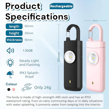 130dB Rechargeable Personal Alarm with Strobe Light & Low Battery Indicator - color: Black