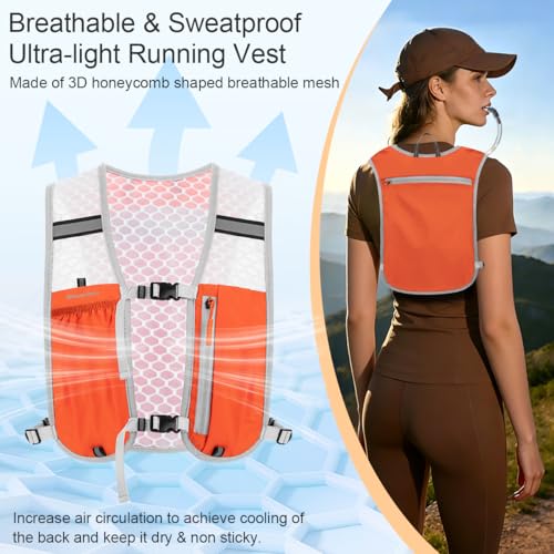 Running Vest Hydration Backpack for Men Women, Lightweight Breathable Hydration Packs, Adjustable Chest Straps Daypack, Reflective Water Running Vest for Marathon, Trail, Hiking, Cycling - color: Orange