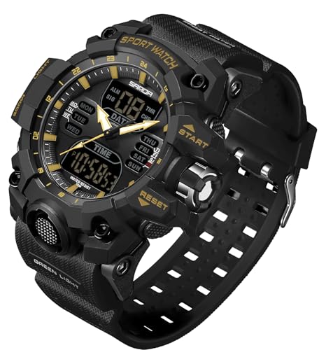 FANMIS Men's Analog Digital Sports Watch 50M LED Backlight Military Watch - color: X Black Gold