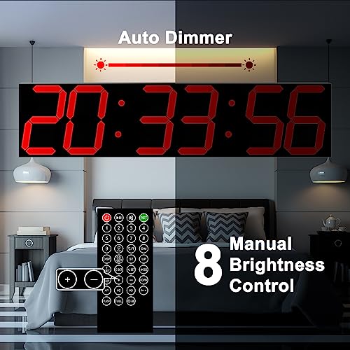 CHKOSDA Digital Wall Clock, Oversize Led Digital Clock Large Display with Auto Dimmer, Huge Countdown Timer with Remote Control, 27" Wide Led Display, 6 Digits, Wall Mount, Date and Temperature (Red) - color: Red