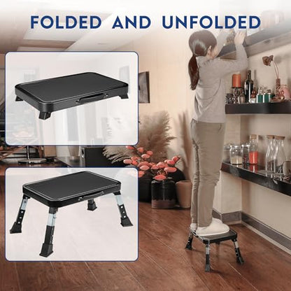 BONTEC Folding Step Stool, 3-Level Adjustable Metal Step Stool, 330lbs - color: Black
